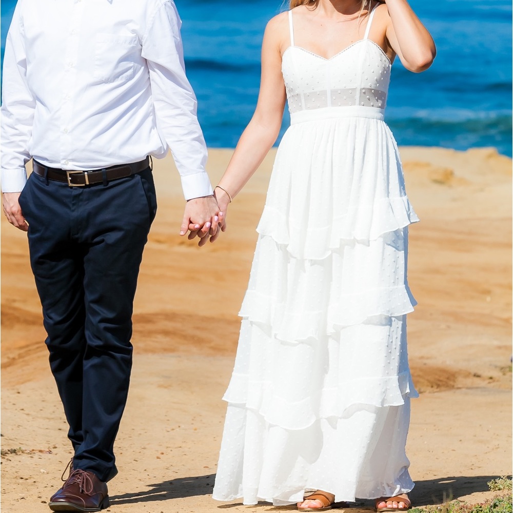 Fame & Partners White Tiered Dress with Sheer Bodice Small